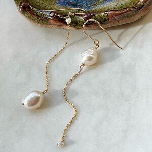 Gold Filled Asymmetrical Baroque Pearl Long Drop Earrings